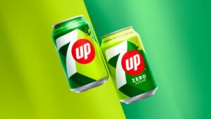7UP and 7UP Sugar Free rebranded packaging against a green and neon green base. 