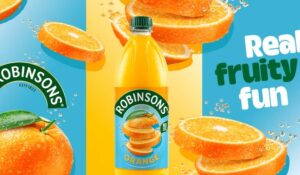 Britvic's Robinsons Orange squash redesigned packaging against background. 